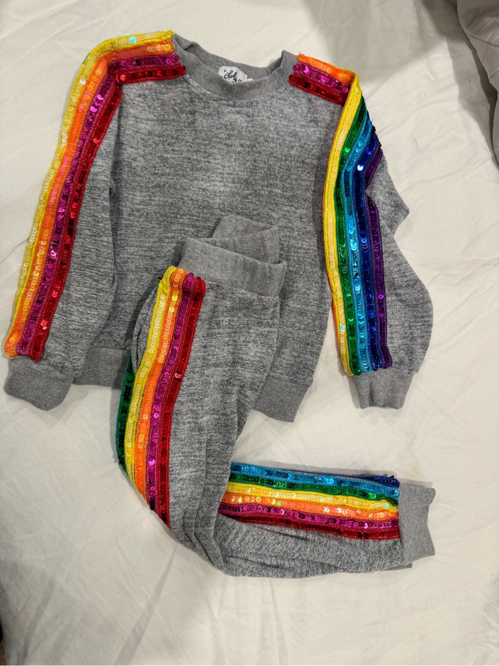LOLA + THE BOYS Kids Rainbow Sequin Trim Grey Sweatpants